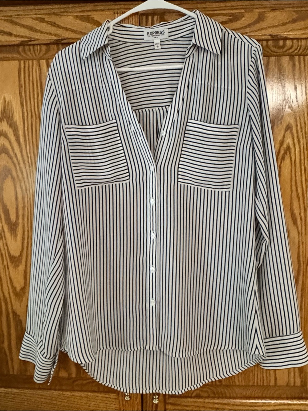Express Womenโs Black and White Vertical Stripe Button-Up Shirt